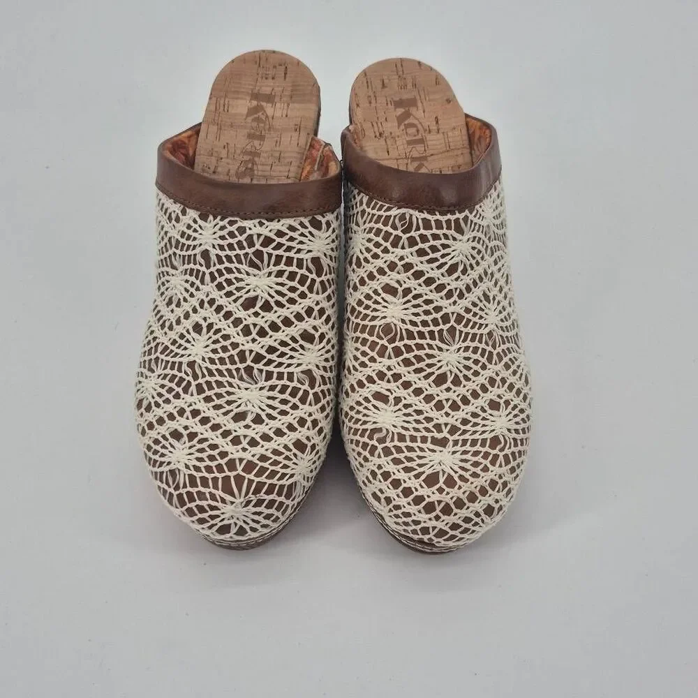 KORKS Clogs Womens Size 9 NORA Brown White Crochet Heels